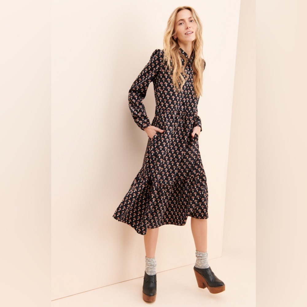 Louche Women's 4 Macha Mushroom Midi Dress Cottagecore Bohemian Earthy